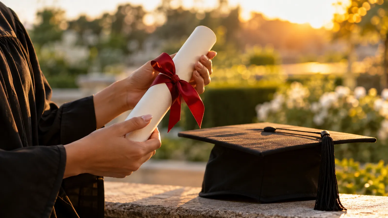 Mãos segurando um diploma enrolado com fita vermelha ao lado de um capelo, em um jardim ao entardecer