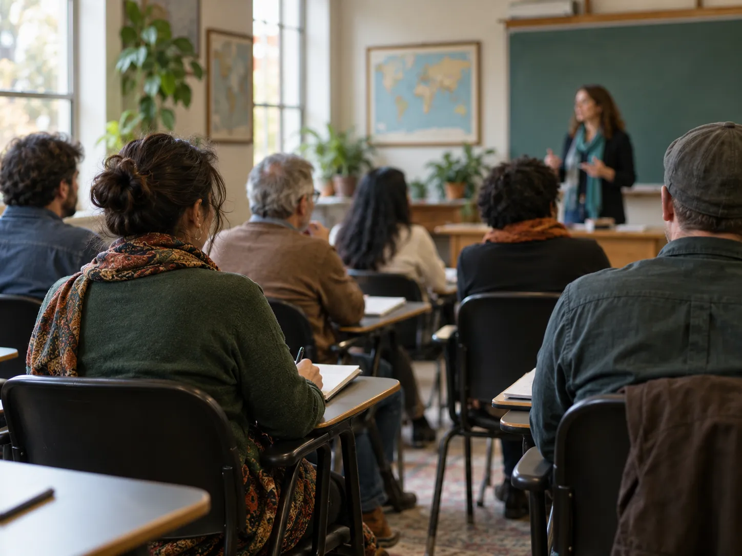 Turma de adultos em sala de aula, vista do fundo, acompanhando a professora junto à lousa